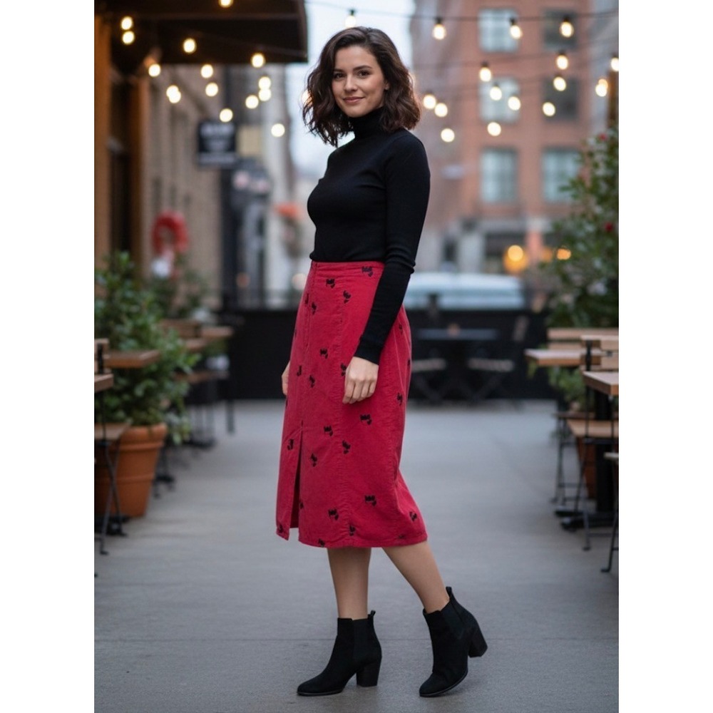 Vintage Red Corduroy‎ A-Line Midi Skirt Black Scottie Dog Embroidered Size Small